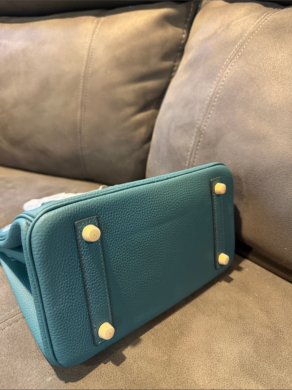 100% real leather denim color Top-Handle Bag with Gold Hardware - Picture 3 of 7